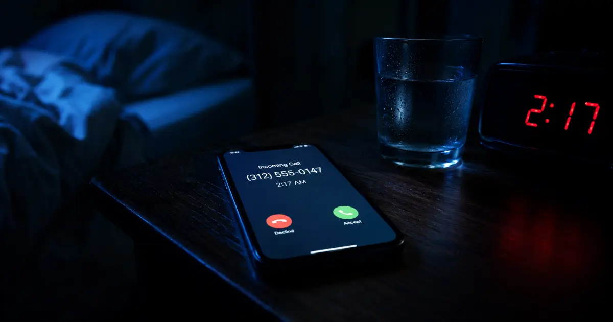 A smartphone on a nightstand glowing with an incoming call at 2 AM in a dark bedroom