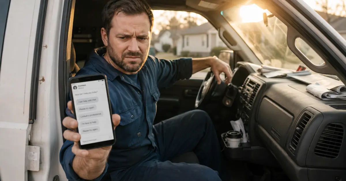 A frustrated plumber in his work van staring at his phone showing a robotic chat interface