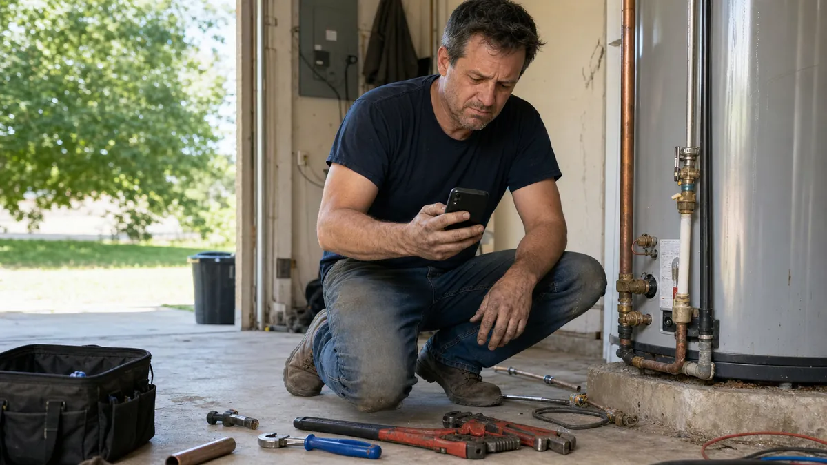 A skilled plumber pausing a water heater repair to look at his ringing phone, tools in hand