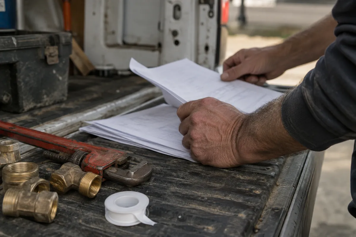 Close-up of a plumber's hands sorting through invoices and work orders on the tailgate of a work van