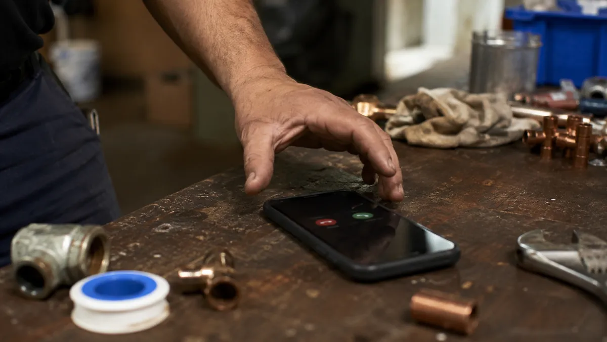 A plumber's hand reaching for a ringing phone on a workbench