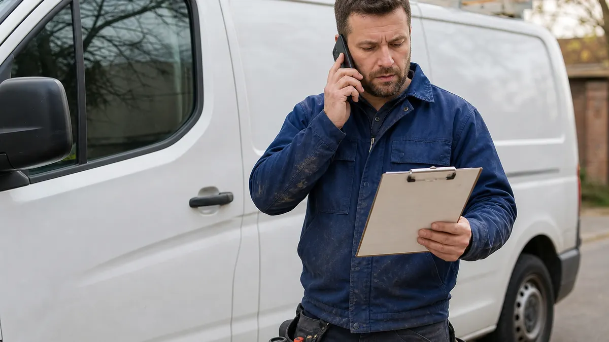 A plumber taking a phone call with a concerned expression while looking at a service record