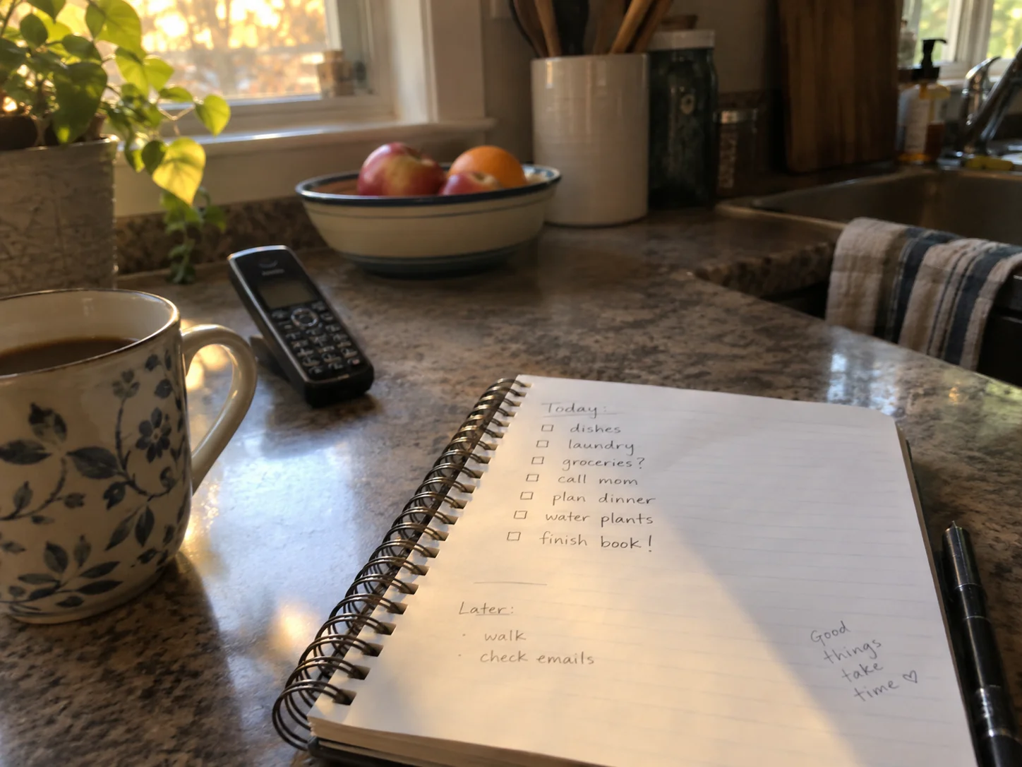 A woman on a phone call at her kitchen table with a notepad and pen, late afternoon light