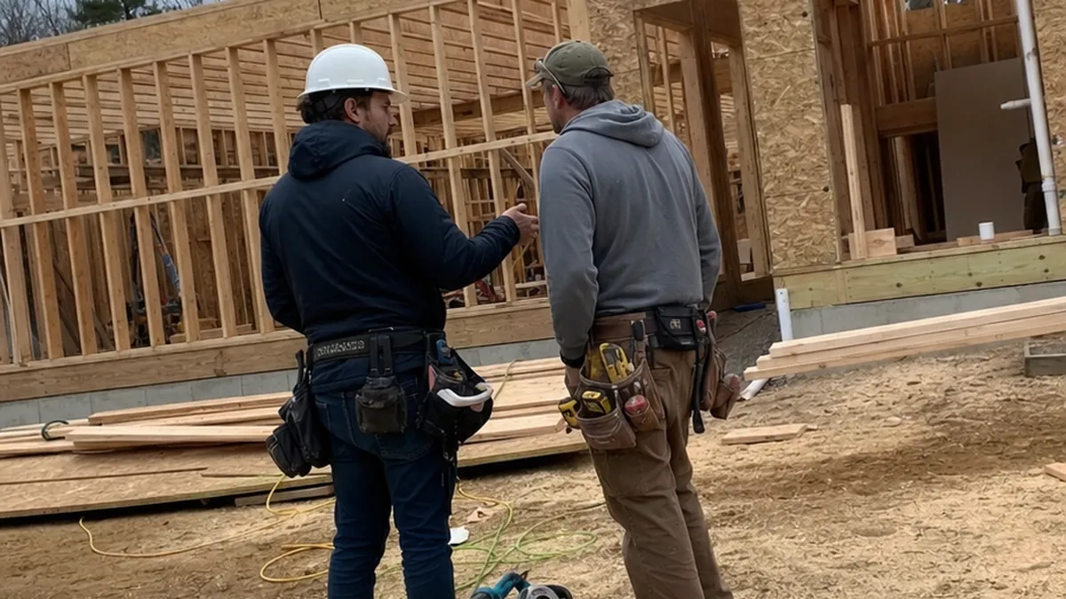 A plumber and a general contractor in a hard hat reviewing plans at a residential construction site