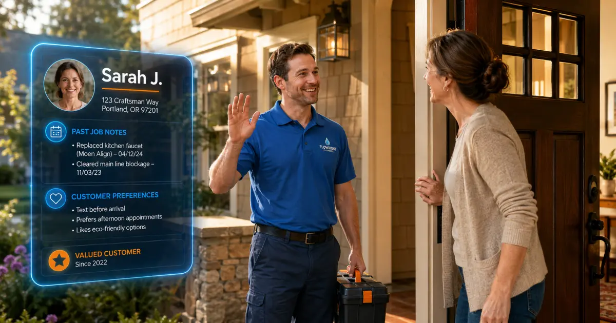 A plumber greeting a homeowner at their front door with a digital customer profile overlay