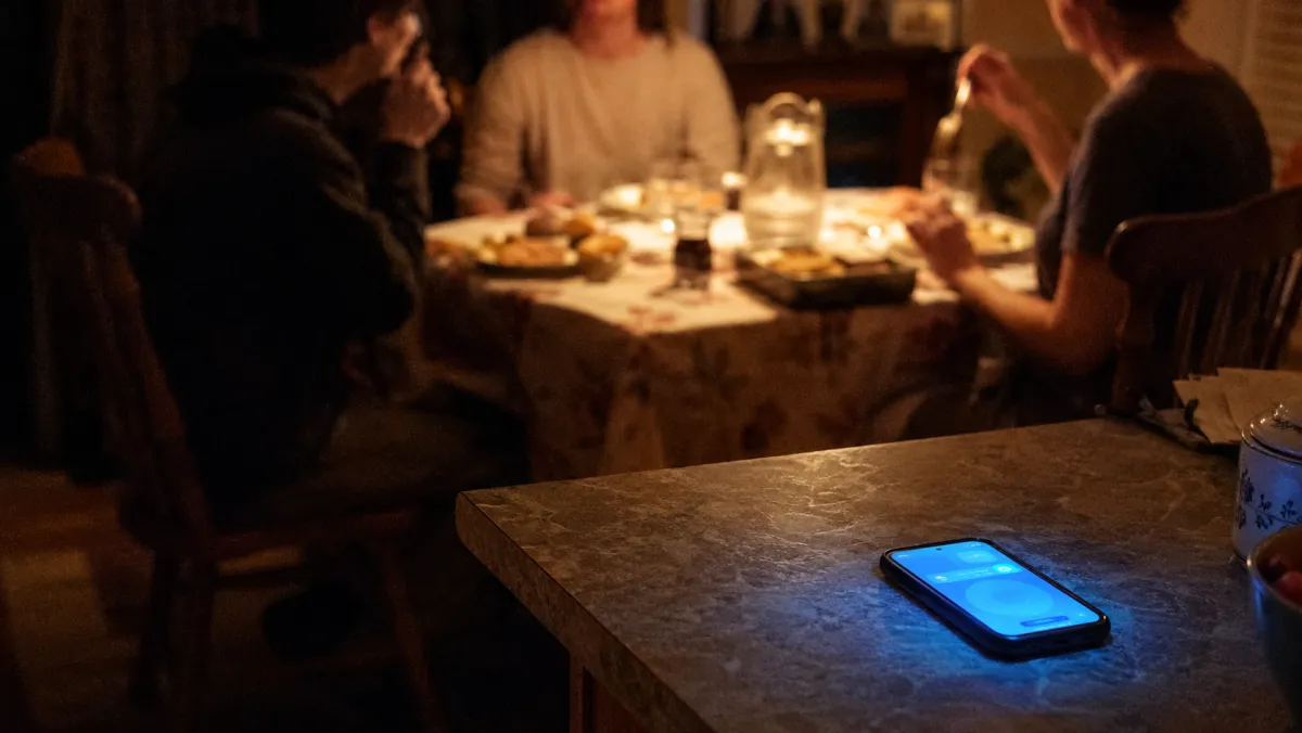 A phone lighting up on a kitchen counter while a family eats dinner in the warm background