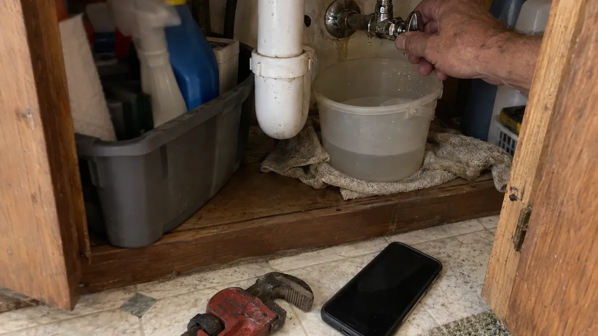 Hands holding a pipe wrench next to an open under-sink cabinet with a shutoff valve and a bucket