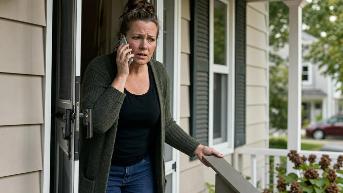 A homeowner stepping outside the front door to make a phone call, hand on the handle