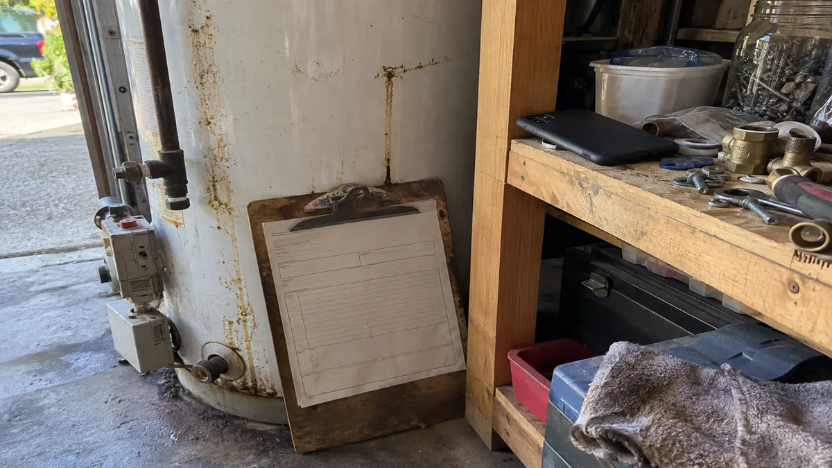 A clipboard with a blank claim form leaning against an old, rusted residential water heater tank in a cluttered garage, a phone lying face-down on a workbench nearby