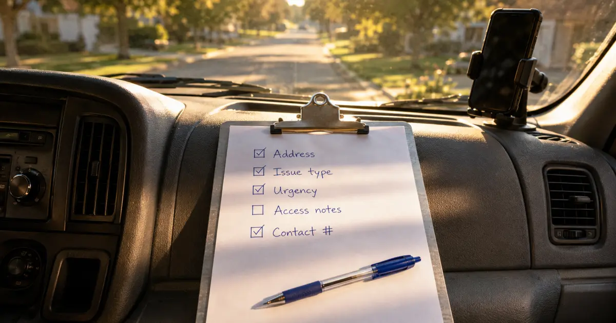 A clipboard with a handwritten intake checklist on a plumber's van dashboard