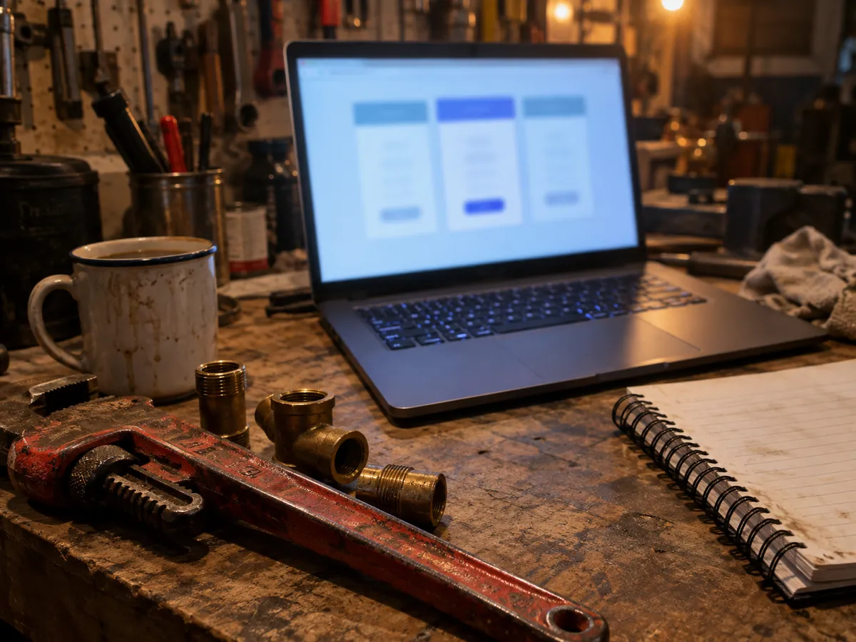 A laptop on a workshop bench showing a blurred software pricing page, beside a pipe wrench and a coffee mug