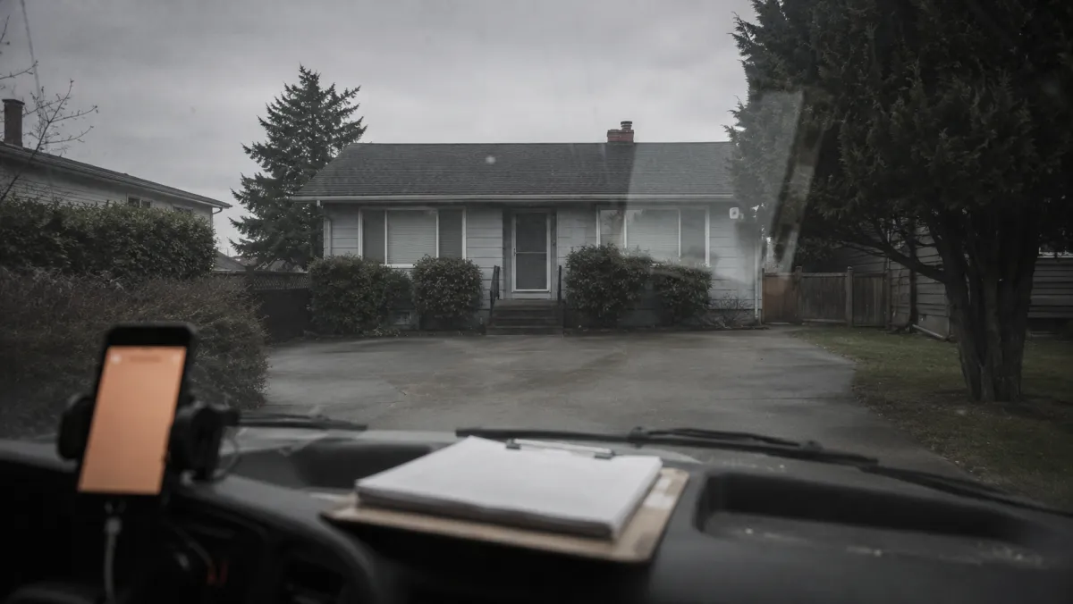 An empty driveway seen through a work van windshield with a phone and clipboard on the dashboard