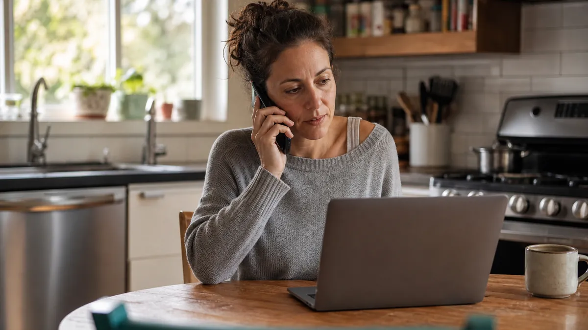 A homeowner at a kitchen table with a laptop open, choosing to hold a phone to their ear instead