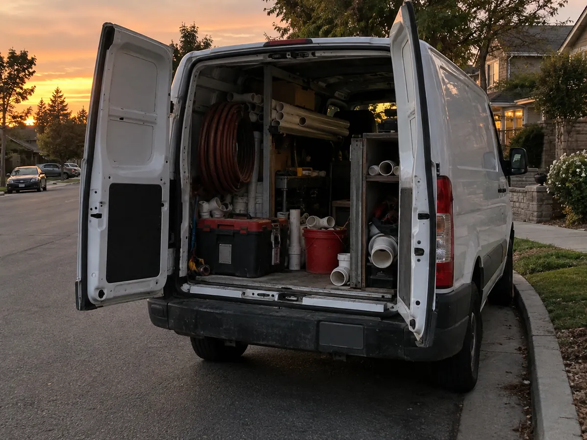 A plumber's work van parked at a curb at dusk with tools and a hose reel visible through the open back doors