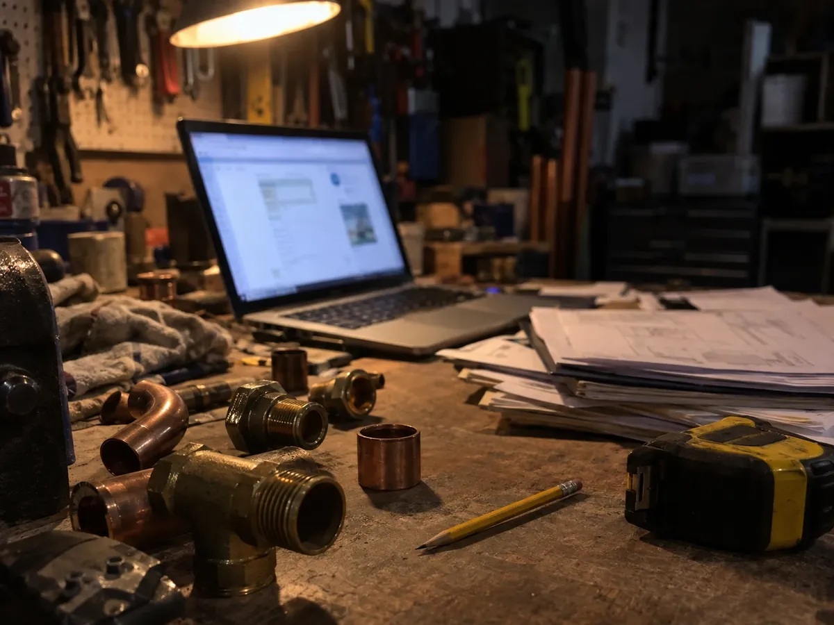 A cluttered workshop desk at night with a laptop showing a blurred software pricing page, beside brass pipe fittings and a stack of invoices