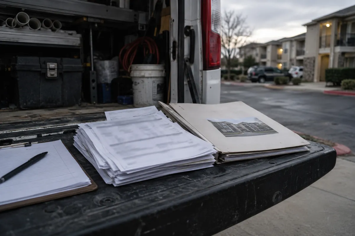 A stack of blurred work-order invoices and a multi-unit apartment complex service folder on the tailgate of a plumbing service van, with an apartment building visible in the background