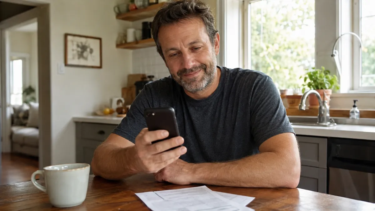 A homeowner smiling at his phone at the kitchen table after a job