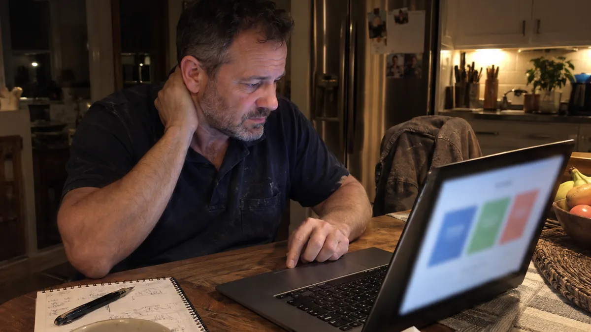 A plumber sitting at a kitchen table at night comparing software pricing pages on a laptop, with a notepad and a work jacket on the chair behind