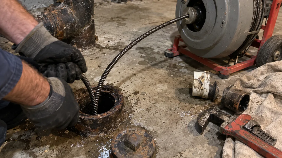 A plumber's gloved hands feeding a drain cable into a cleanout in a basement, with a drain machine and coiled cable on the concrete floor