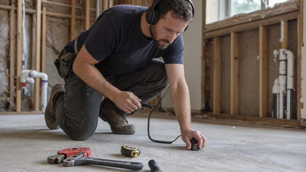 A plumber kneeling on a bare concrete slab floor with a leak-detection tool, listening for water