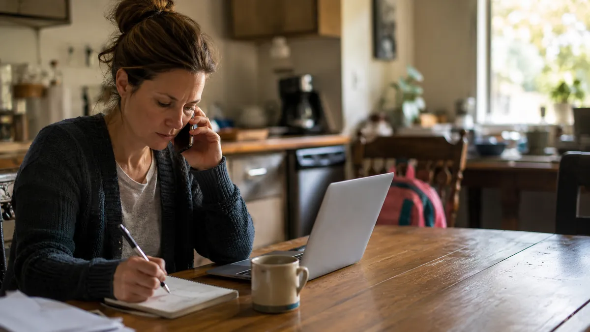 A kitchen table set up as a makeshift home office with a phone, a notepad, and a laptop