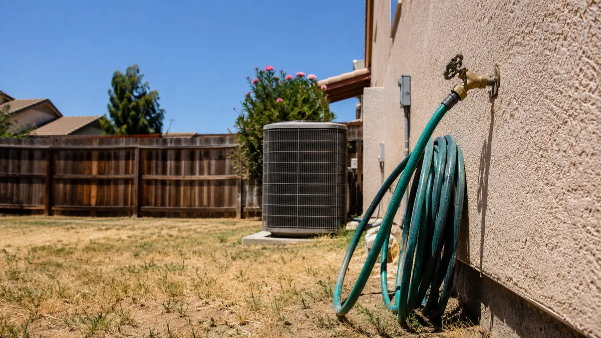 A residential backyard on a hot day with an outdoor faucet and an air-conditioning unit