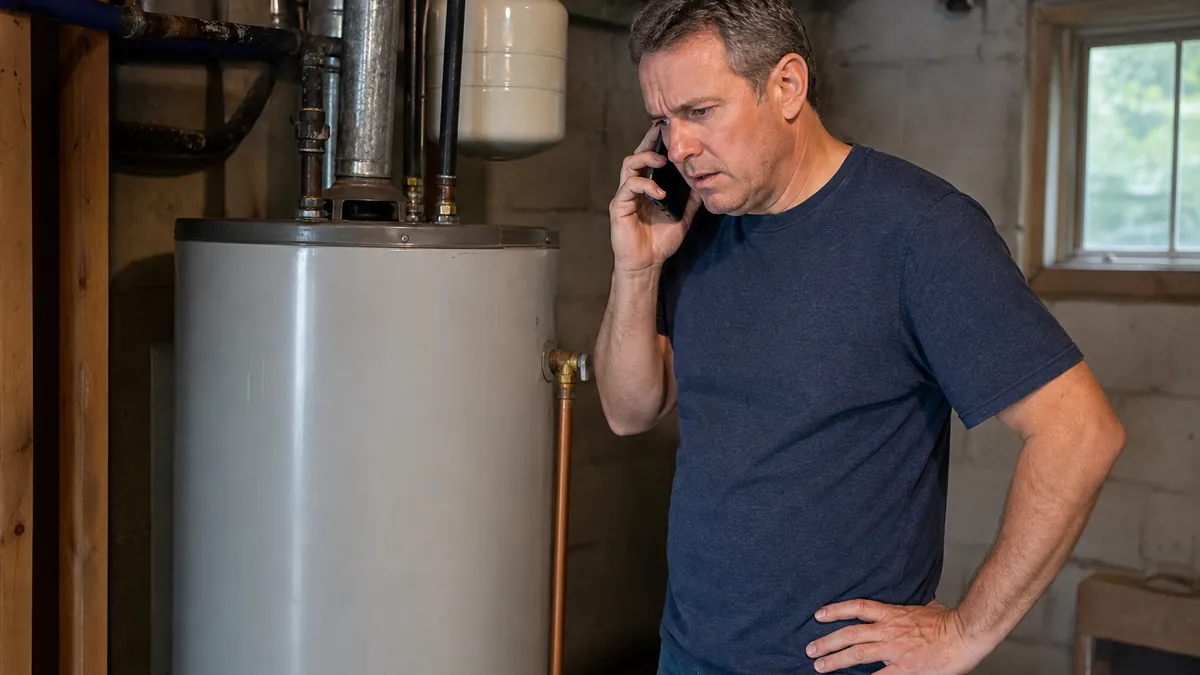 A homeowner standing by a water heater in a basement, phone to ear, calling about a problem