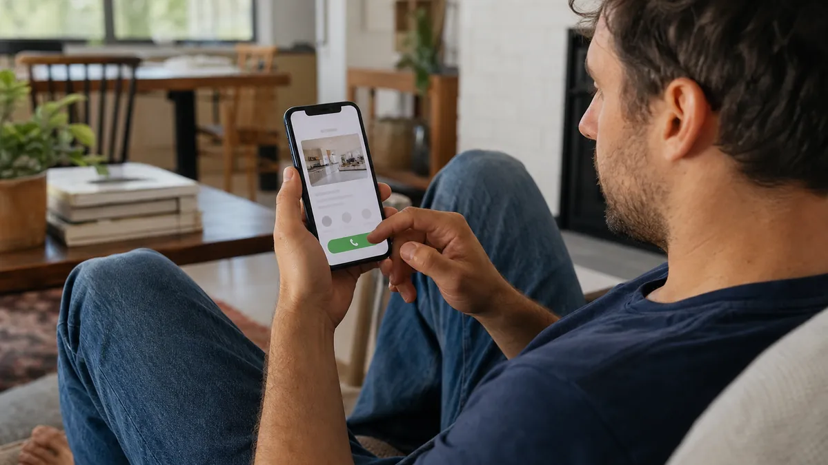 A homeowner checking a plumber's website on a phone before tapping the call button