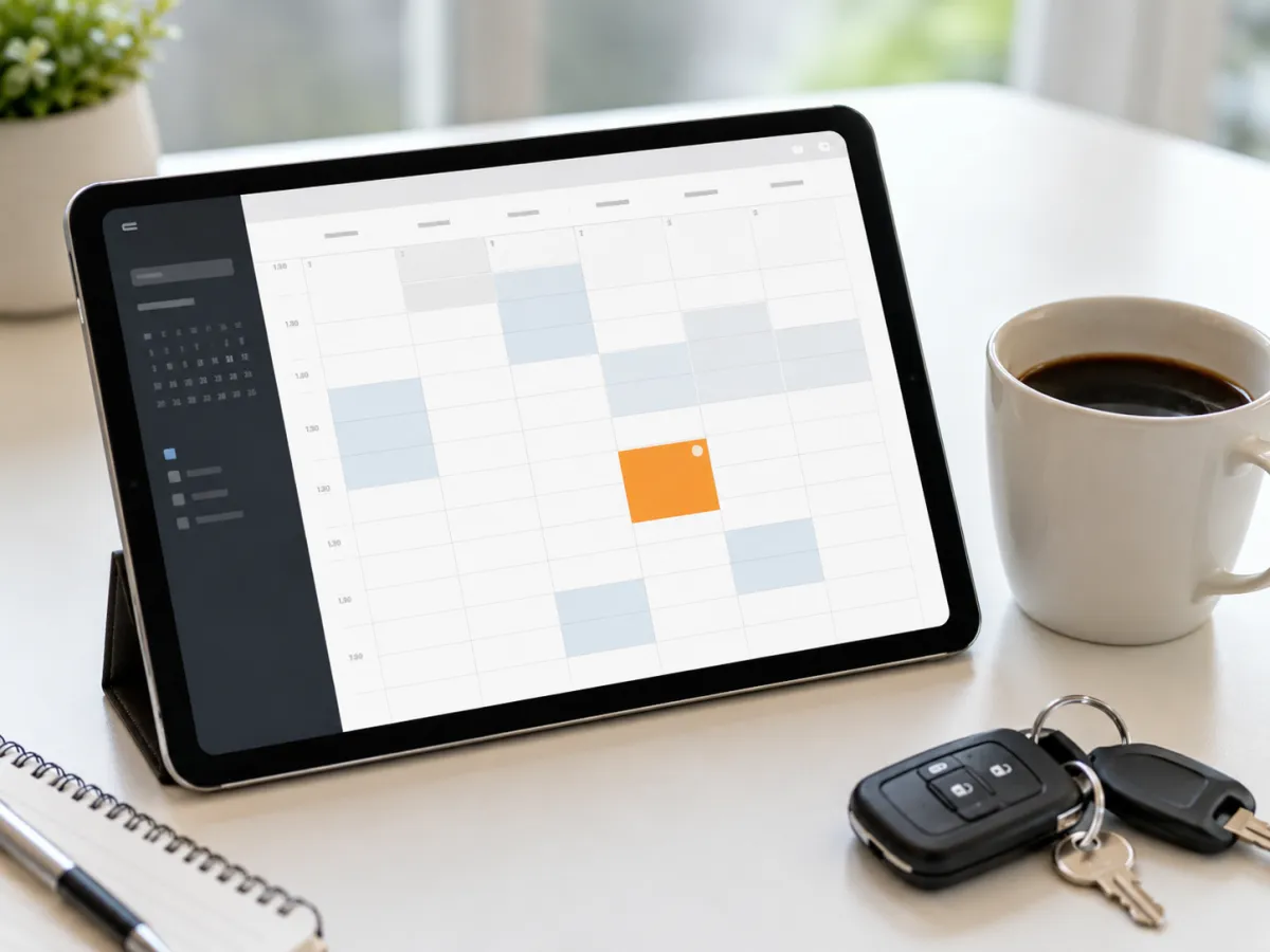 A tablet showing a plumbing job booked on the calendar beside work van keys