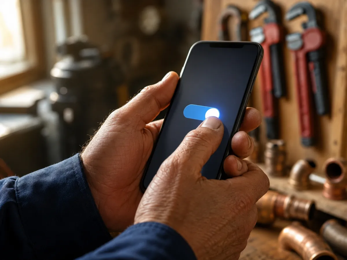 A plumber's hands switching on call forwarding on a smartphone in a workshop